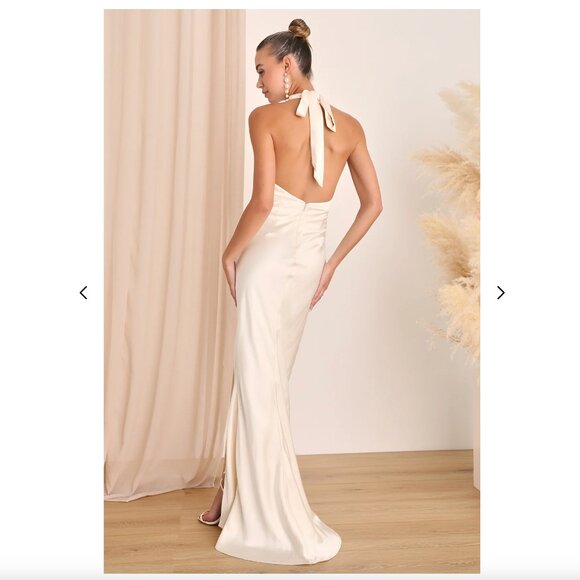 Lulus - Start of Forever Ivory Satin Halter Mermaid Maxi Dress - Picture 2 of 4